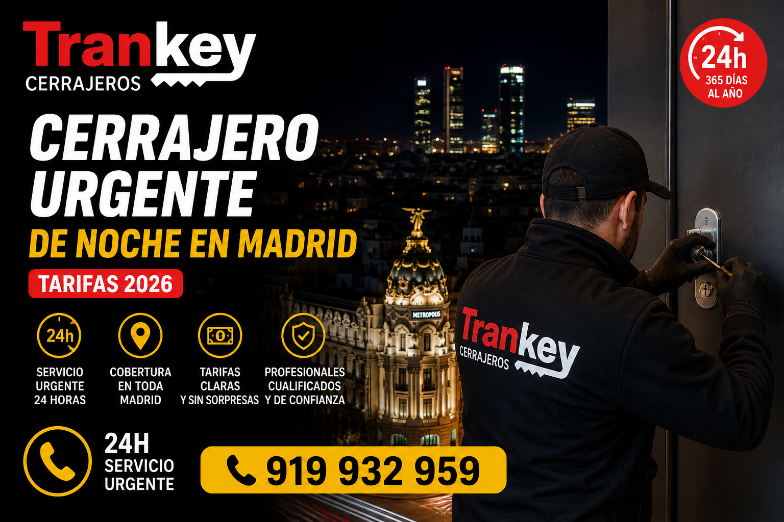Cerrajero urgente de noche en Madrid, tarifas 2026